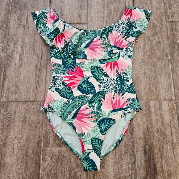 Matilda Jane Palm Tree Paradise Green/Pink Ruffle One Piece Swimsuit Size M - Picture 4 of 13